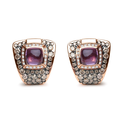 18K Rose Gold 1 1/2 Cttw Round Diamond and 7mm Cushion Cut Purple Amethyst Gemstone Geometrical Statement Stud Earrings (Brown and G-H Color, SI1-SI2 Clarity) by Bids.com