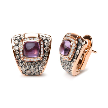 18K Rose Gold 1 1/2 Cttw Round Diamond and 7mm Cushion Cut Purple Amethyst Gemstone Geometrical Statement Stud Earrings (Brown and G-H Color, SI1-SI2 Clarity) by Bids.com