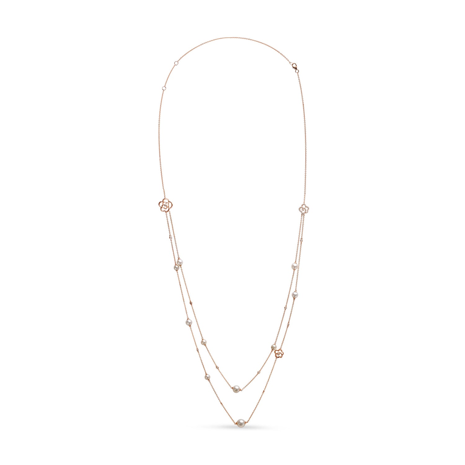 18K Rose Gold 1/2 Cttw Diamond and Freshwater Pearl Double Strand Station Necklace (G-H Color, SI1-SI2 Clarity) - Adjustable up to 16" to 20" by Bids.com