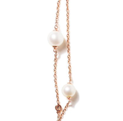 18K Rose Gold 1/2 Cttw Diamond and Freshwater Pearl Double Strand Station Necklace (G-H Color, SI1-SI2 Clarity) - Adjustable up to 16" to 20" by Bids.com
