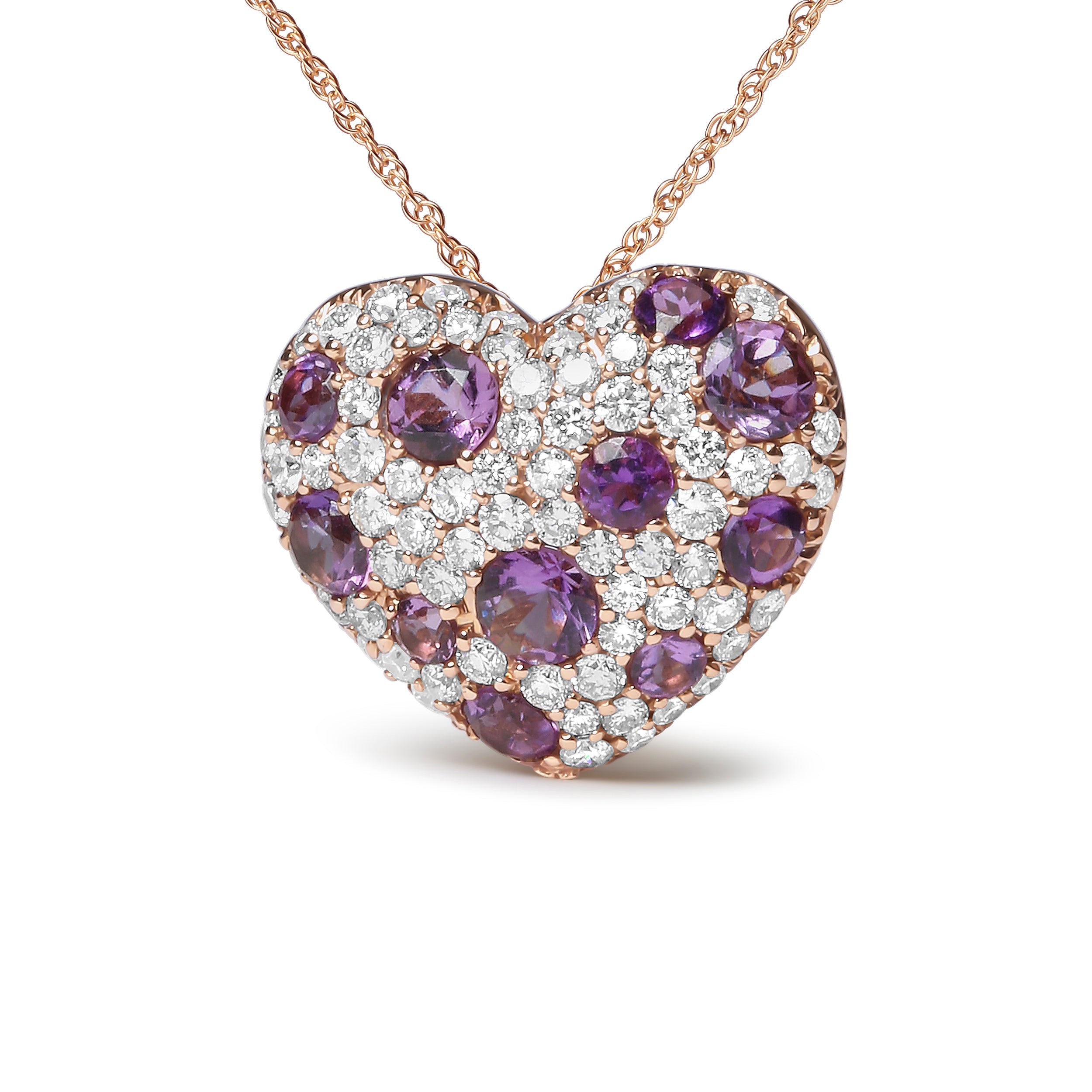 18K Rose Gold 3/4 Cttw Diamond and Purple Amethyst Cluster Heart Shape 18" Pendant Necklace (G-H Color, SI1-SI2 Clarity) by Bids.com