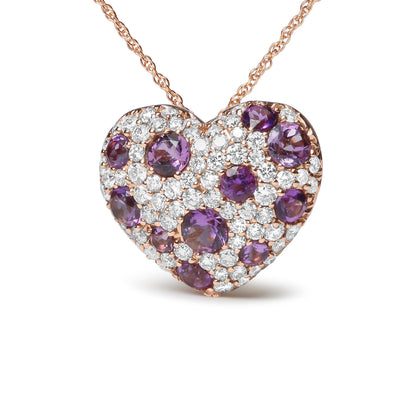 18K Rose Gold 3/4 Cttw Diamond and Purple Amethyst Cluster Heart Shape 18" Pendant Necklace (G-H Color, SI1-SI2 Clarity) by Bids.com