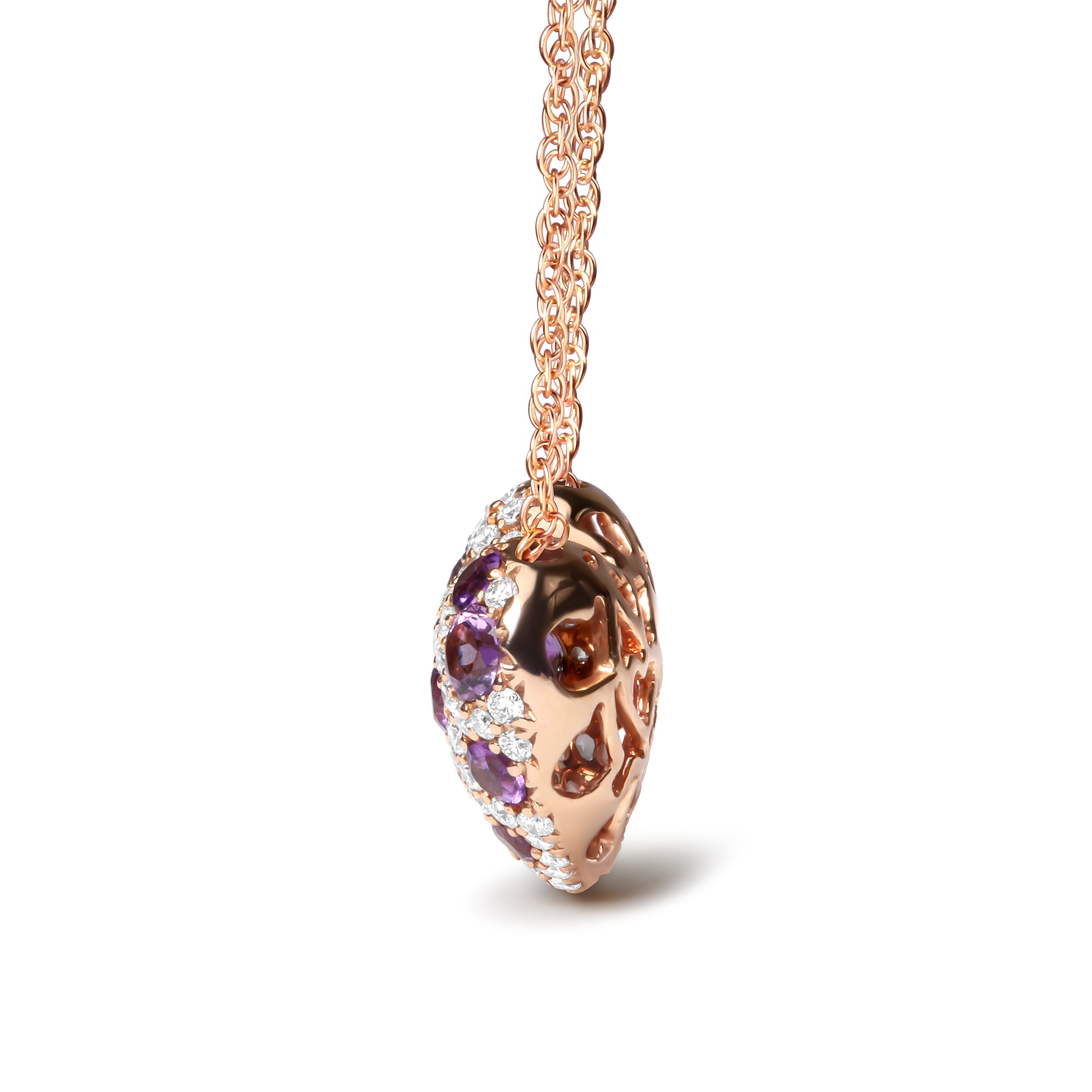 18K Rose Gold 3/4 Cttw Diamond and Purple Amethyst Cluster Heart Shape 18" Pendant Necklace (G-H Color, SI1-SI2 Clarity) by Bids.com