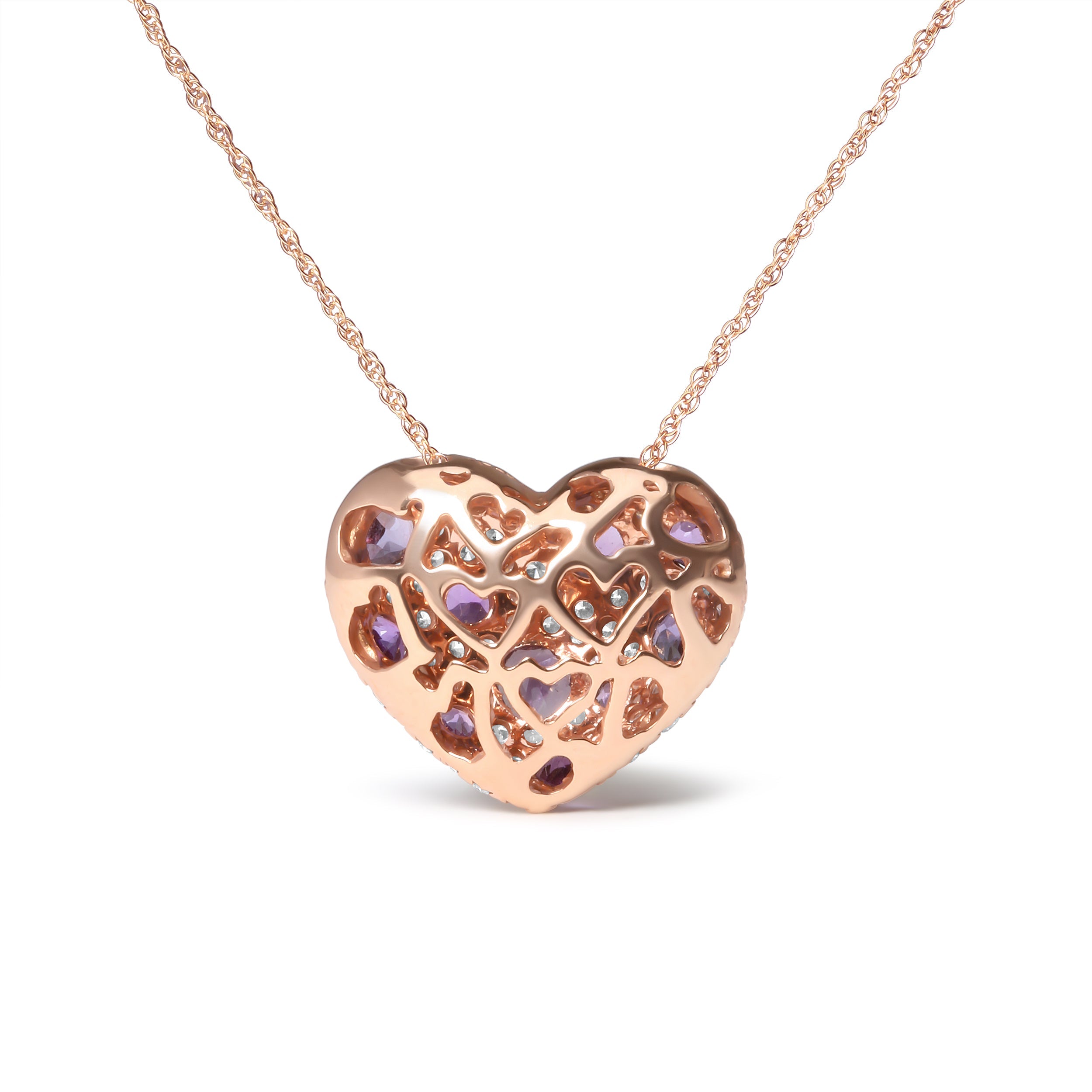 18K Rose Gold 3/4 Cttw Diamond and Purple Amethyst Cluster Heart Shape 18" Pendant Necklace (G-H Color, SI1-SI2 Clarity) by Bids.com