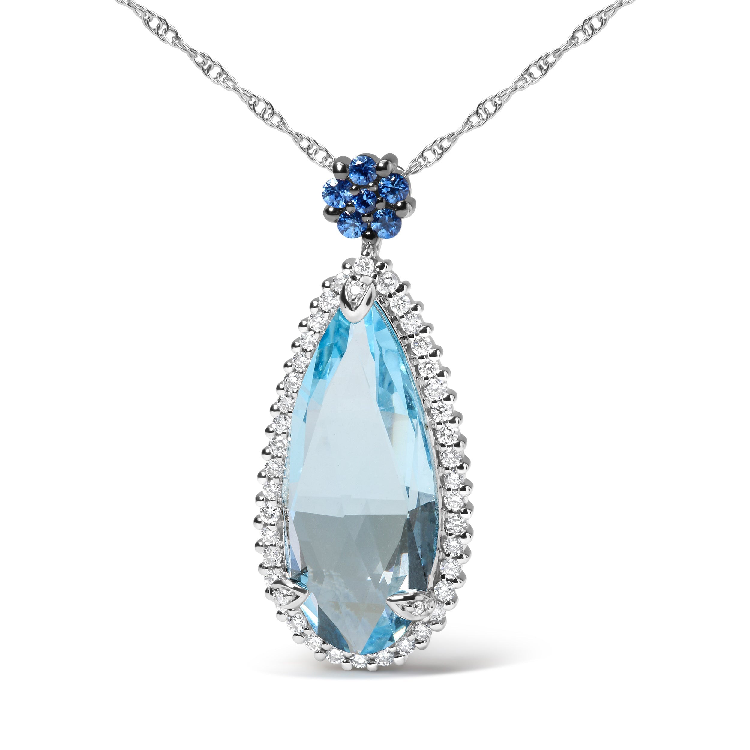 18K White Gold 3/8 Cttw Pave Set Diamond and Sky Blue Topaz and Blue Sapphire Gemstone Floral Teardrop Halo 18" Pendant Necklace (G-H Color, SI2-I1 Clarity) by Bids.com