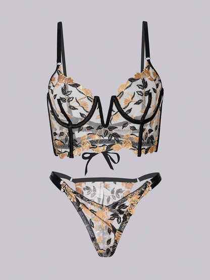 Black Embroidered Corset &amp; Panty Lingerie Set