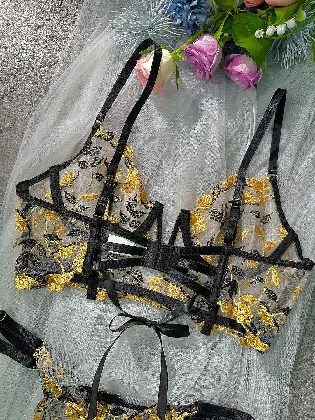 Black Embroidered Corset &amp; Panty Lingerie Set