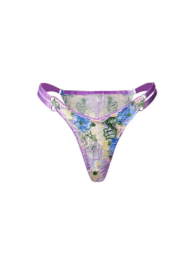 Purple Florals Embroidery Thong - accessories