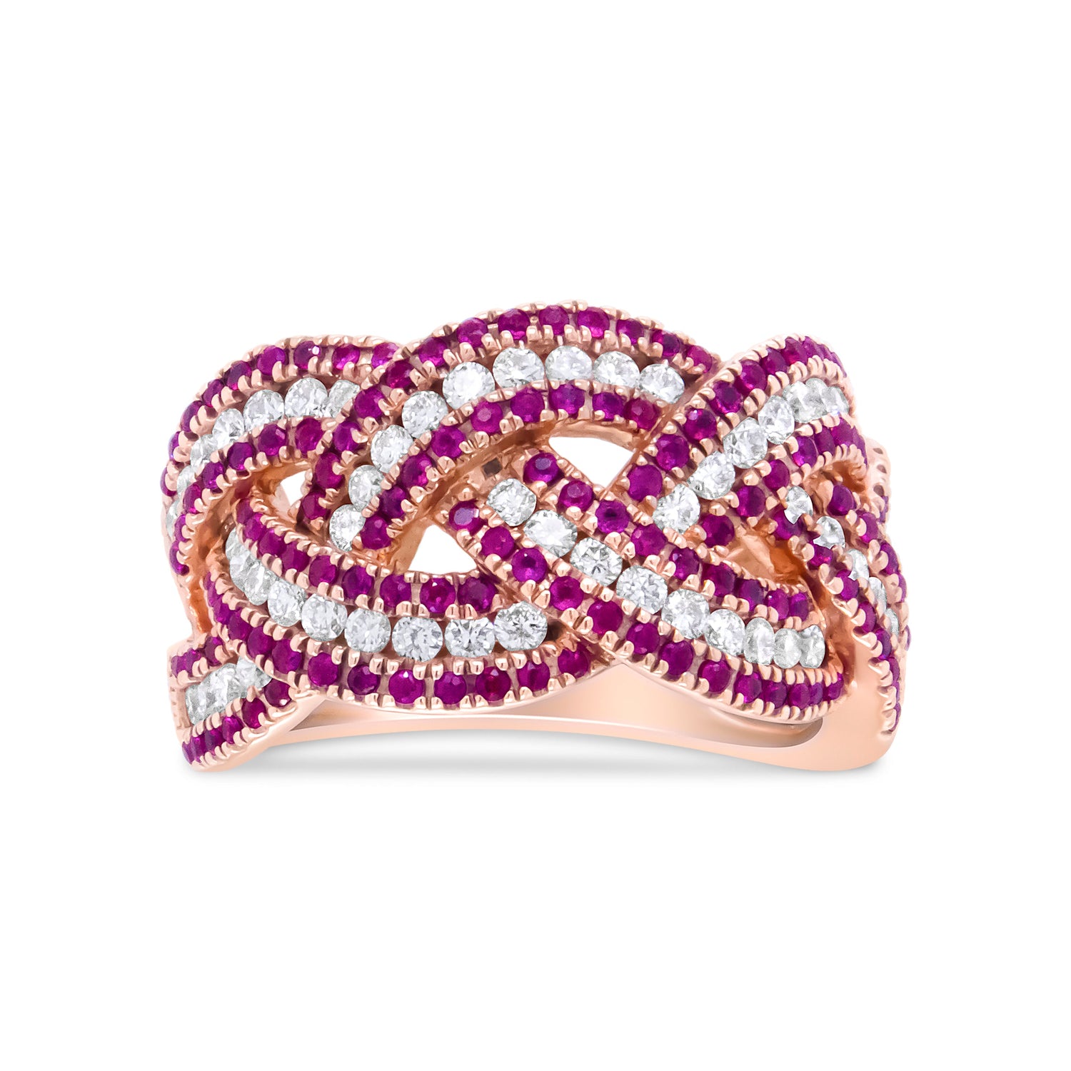 18K Rose Gold Red Ruby and 7/8 Cttw Diamond Woven Braided Band Ring (F-G Color, VS1-VS2 Clarity) - Ring Size 7 by Bids.com