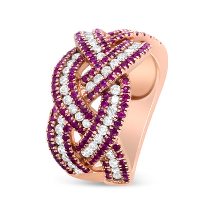 18K Rose Gold Red Ruby and 7/8 Cttw Diamond Woven Braided Band Ring (F-G Color, VS1-VS2 Clarity) - Ring Size 7 by Bids.com