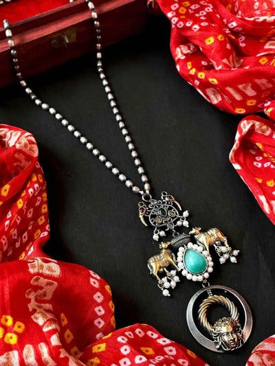 Joban Fashion Sky Blue Brass Monalisa Stone Dual Tone Beaded Pendant Chain Necklace