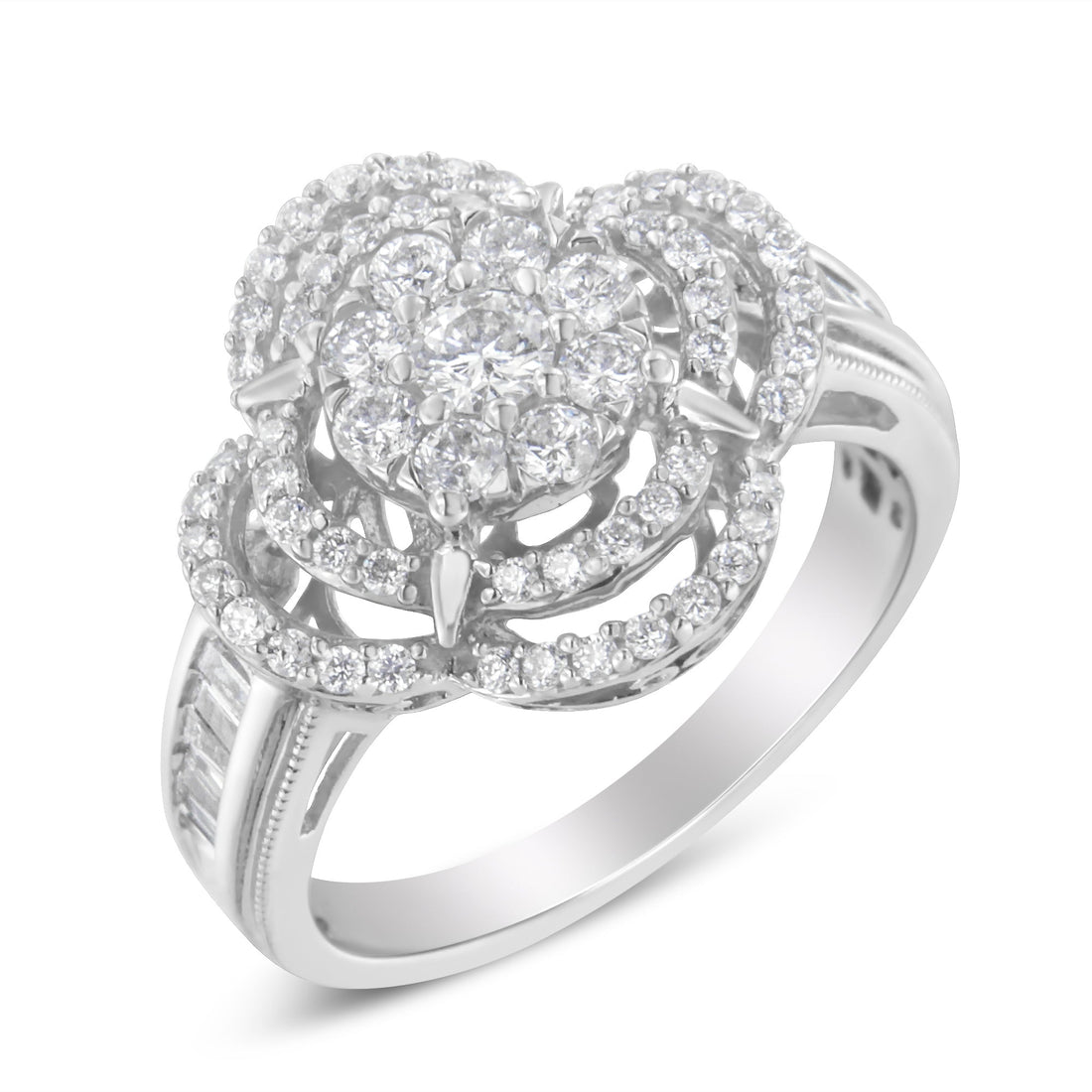 14K White Gold 1.0 Cttw Round &amp; Baguette Cut Diamond Floral Cluster Quatrefoil Channel Set Band Cocktail Statement Ring (H-I Color, SI2-I1 Clarity) - Size 6-3/4 by Bids.com