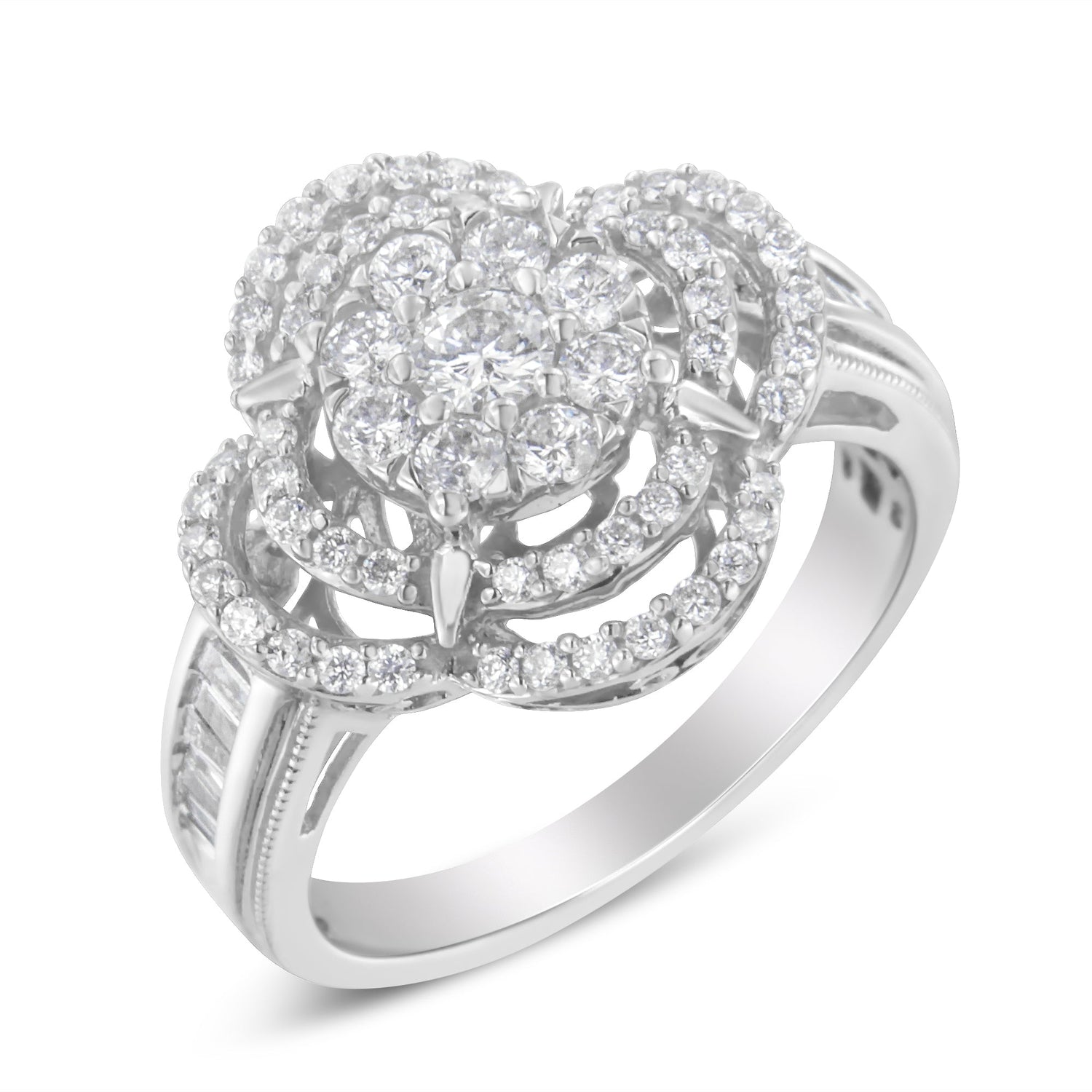 14K White Gold 1.0 Cttw Round &amp; Baguette Cut Diamond Floral Cluster Quatrefoil Channel Set Band Cocktail Statement Ring (H-I Color, SI2-I1 Clarity) - Size 6-3/4 