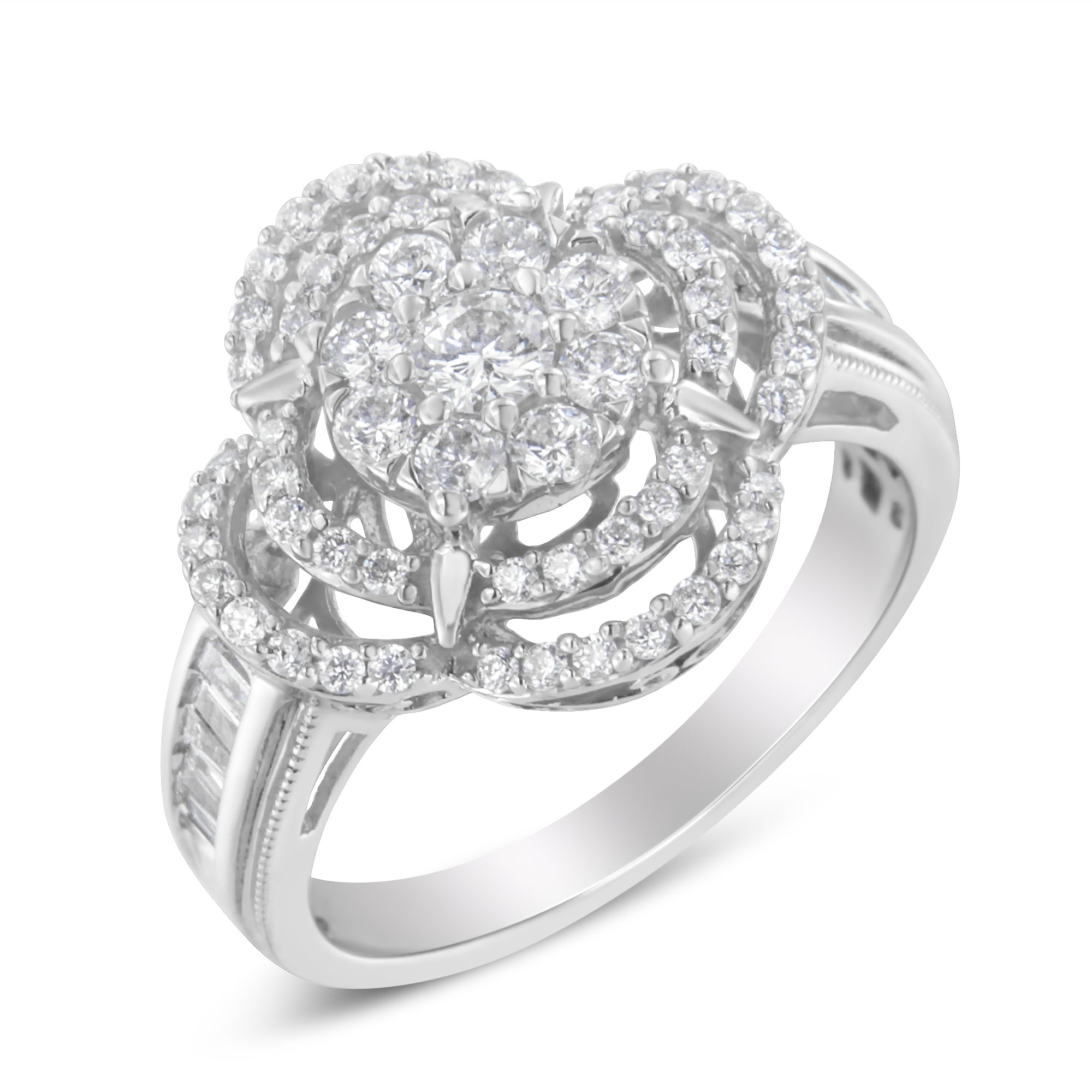 14K White Gold 1.0 Cttw Round &amp; Baguette Cut Diamond Floral Cluster Quatrefoil Channel Set Band Cocktail Statement Ring (H-I Color, SI2-I1 Clarity) - Size 6-3/4 