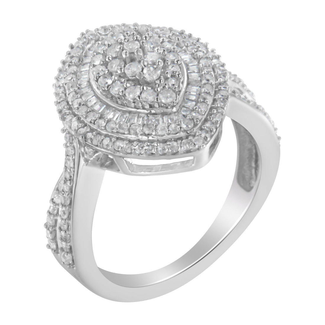 .925 Sterling Silver 1.0 Cttw Round &amp; Baguette-Cut Diamond Marquise-Shaped Cluster Triple Stepped Halo Cocktail Fashion Ring (I-J Color, I2-I3 Clarity) - Size 7 by Bids.com