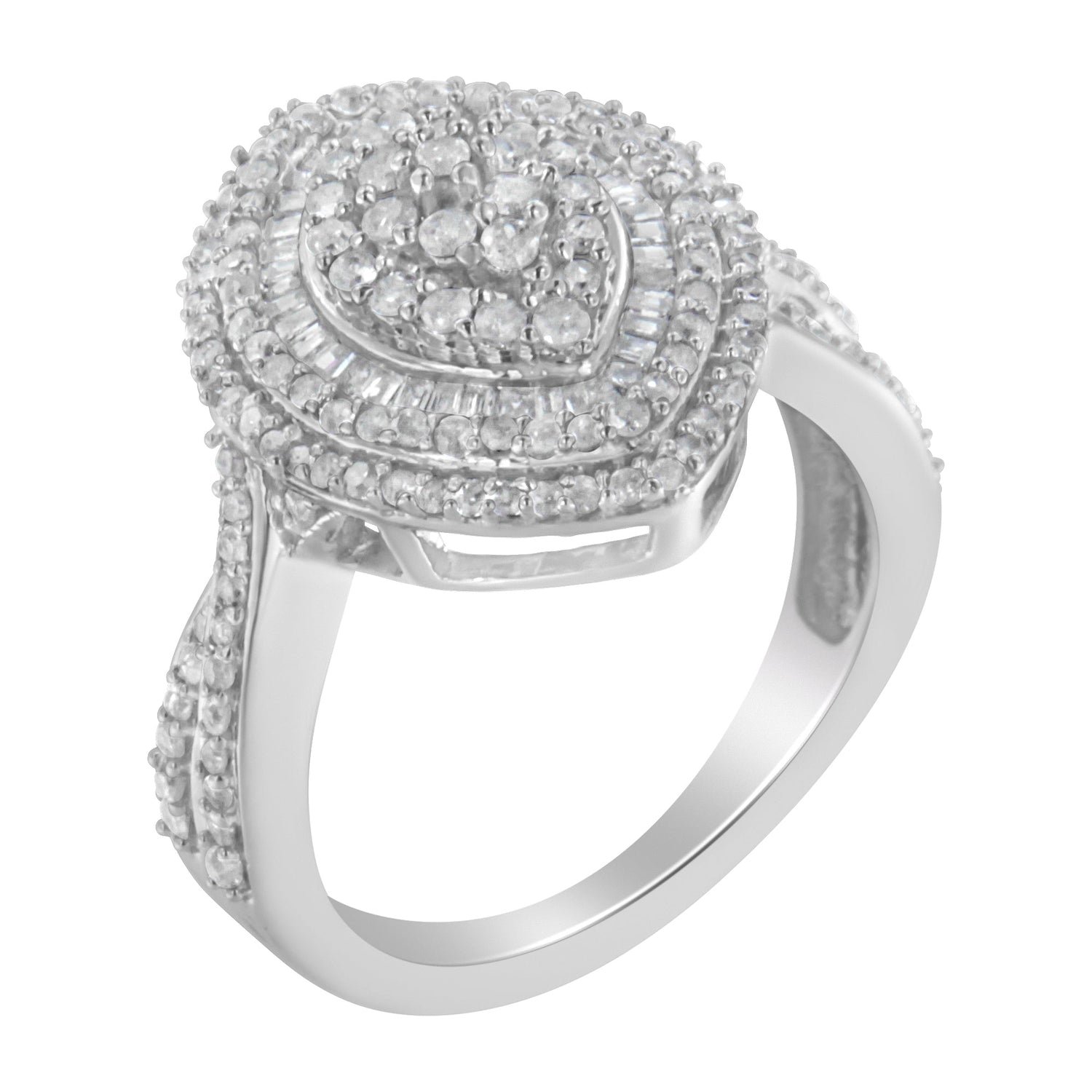 .925 Sterling Silver 1.0 Cttw Round &amp; Baguette-Cut Diamond Marquise-Shaped Cluster Triple Stepped Halo Cocktail Fashion Ring (I-J Color, I2-I3 Clarity) - Size 7 by Bids.com