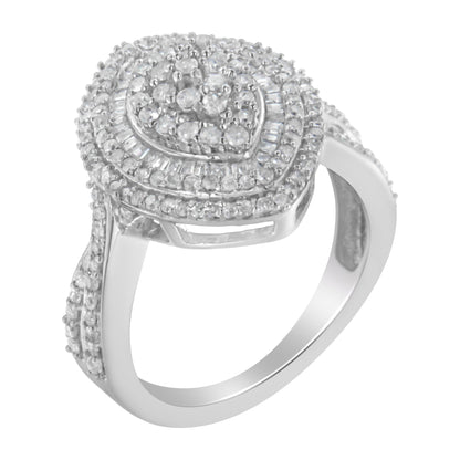 .925 Sterling Silver 1.0 Cttw Round &amp; Baguette-Cut Diamond Marquise-Shaped Cluster Triple Stepped Halo Cocktail Fashion Ring (I-J Color, I2-I3 Clarity) - Size 7 by Bids.com