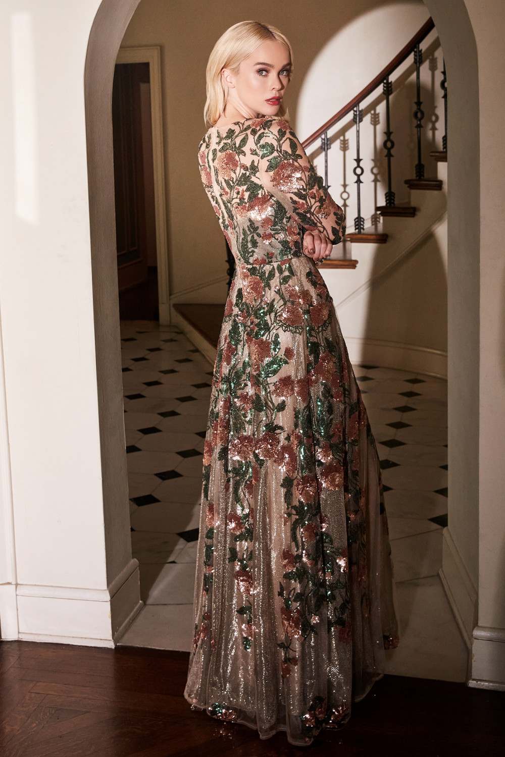 Andrea &amp; Leo A0926 Long Sleeved Evening Gown with Floral Appliques