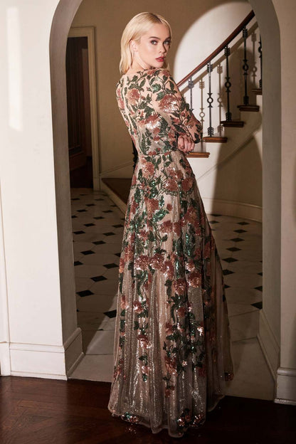 Andrea &amp; Leo A0926 Long Sleeved Evening Gown with Floral Appliques
