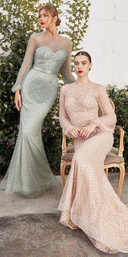 Andrea &amp; Leo A0997 Pearl Beaded Long Sleeve Fit and Flare Long Dress