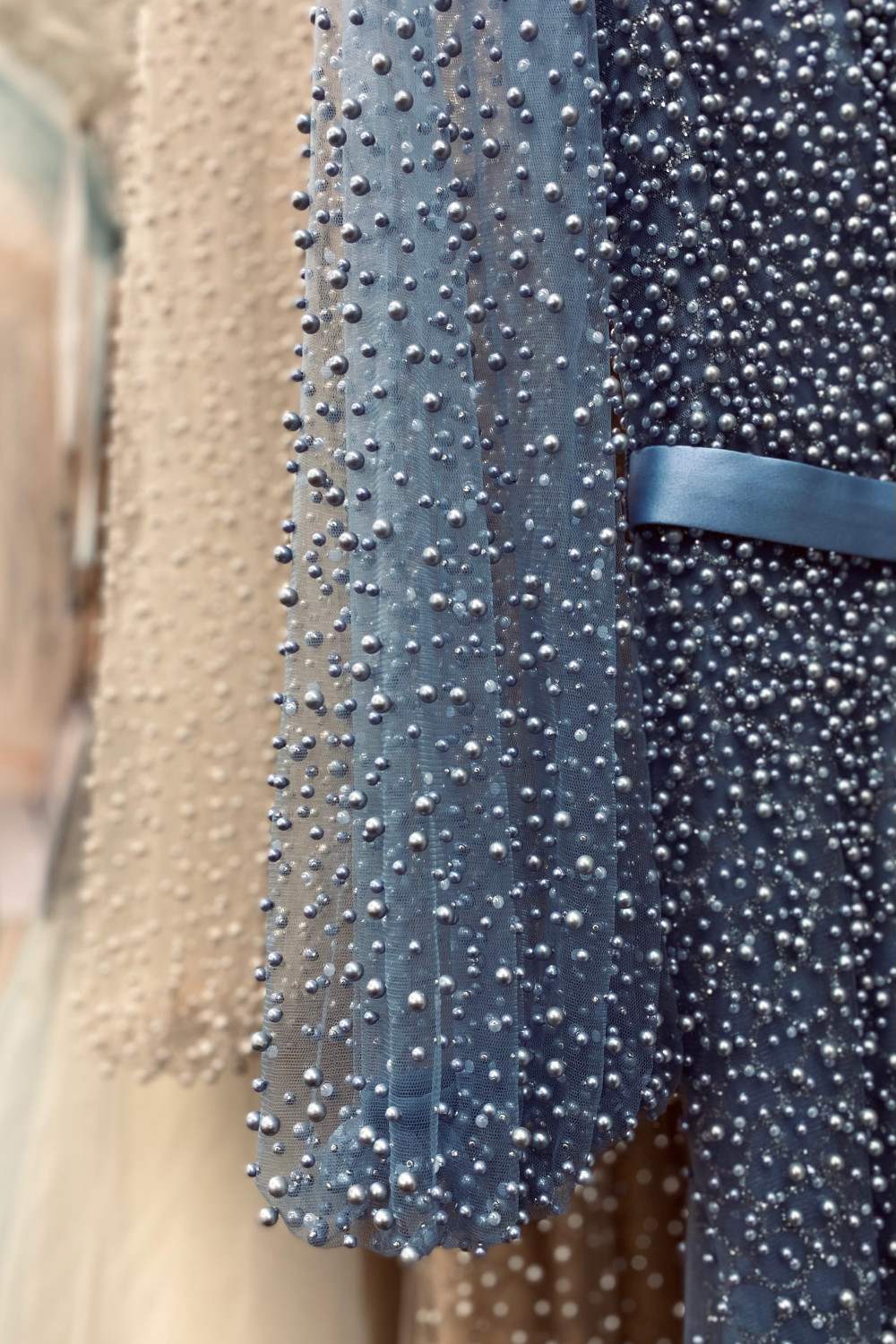 Andrea &amp; Leo A0997 Pearl Beaded Long Sleeve Fit and Flare Long Dress