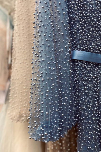 Andrea &amp; Leo A0997 Pearl Beaded Long Sleeve Fit and Flare Long Dress