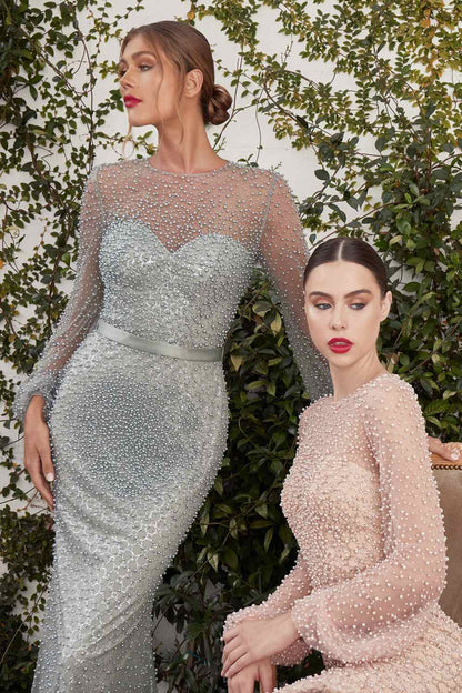 Andrea &amp; Leo A0997 Pearl Beaded Long Sleeve Fit and Flare Long Dress