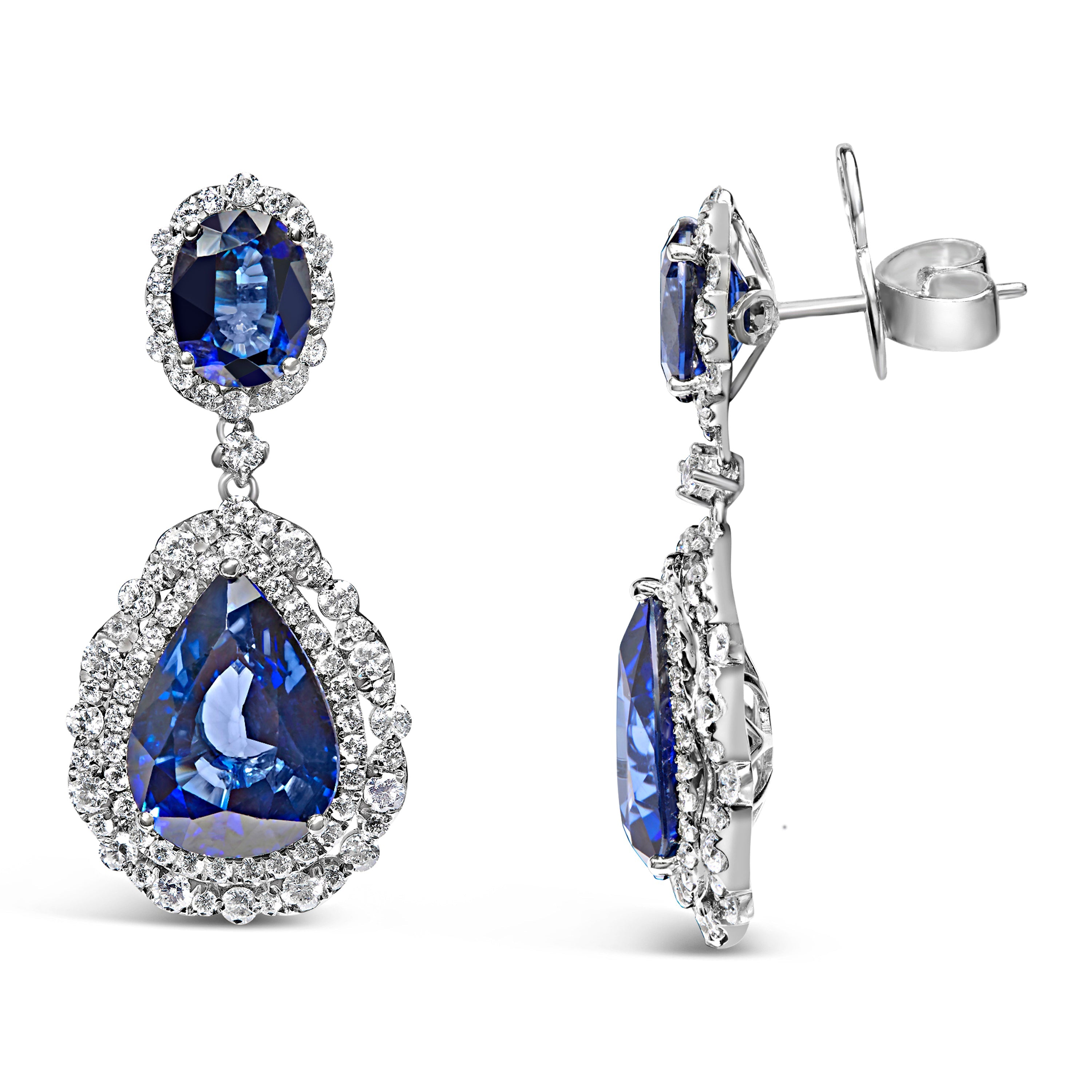 18K White Gold Blue Sapphire 2 3/4 Cttw Diamond Halo Drop Dangle Earring (G-H Color, SI1-SI2 Clarity) by Bids.com