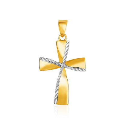 14k Two-Toned Yellow and White Gold Textured Cross Pendant  DestGlow