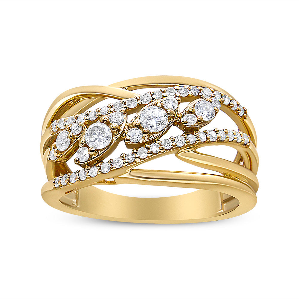 10K Yellow Gold 1/2 Cttw Round-Cut Multi Row Diamond Split Shank Cocktail Ring (H-I Color, SI2-I1 Clarity) - Size 7 by Bids.com