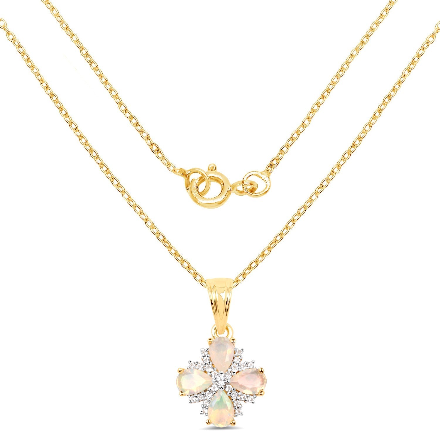14K Yellow Gold Plated 1.19 Carat Genuine Ethiopian Opal and White Topaz .925 Sterling Silver Pendant  DestGlow