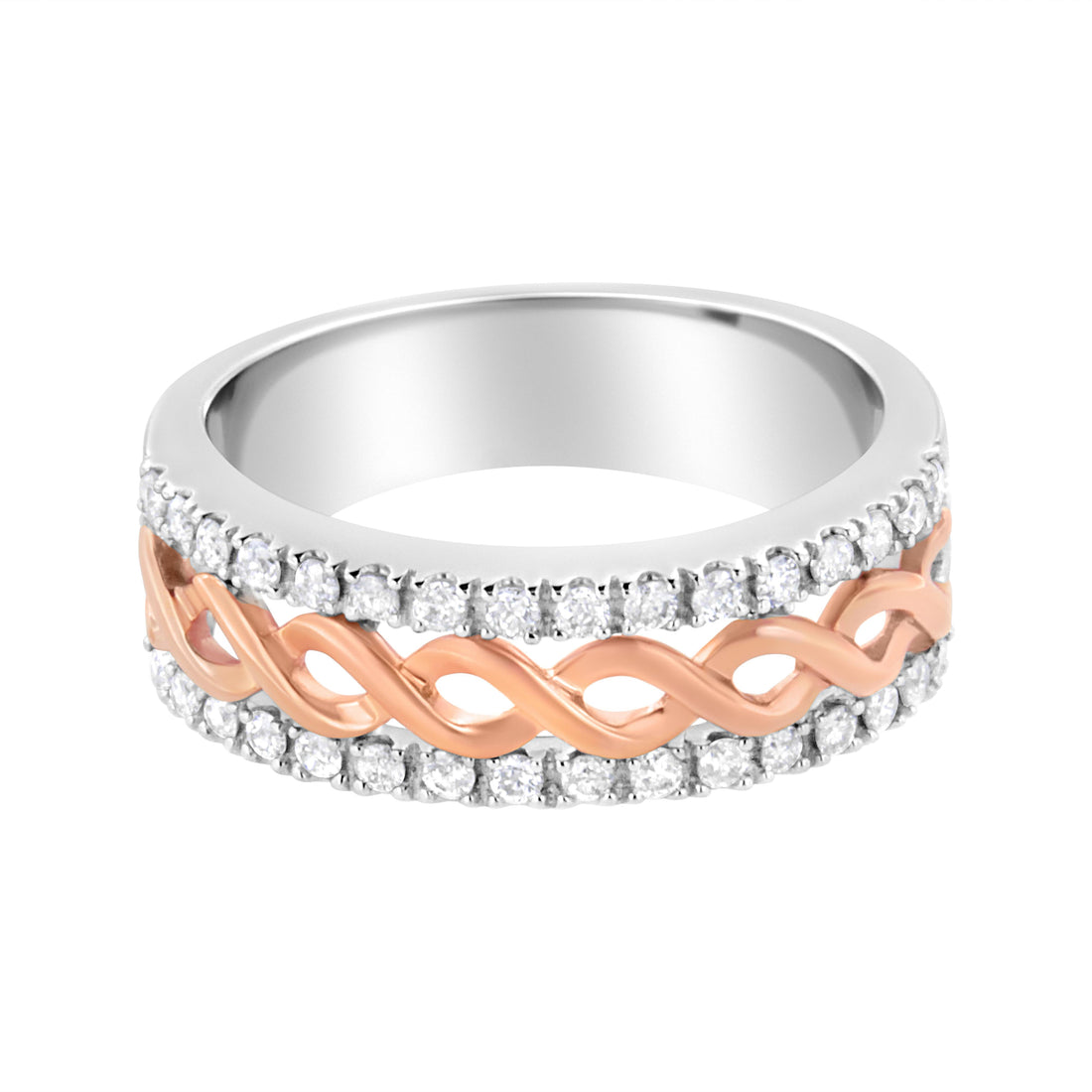 10K White and Rose Gold 1/3 Cttw Diamond Split Shank and Infinity Ribbon Band Ring (I-J Color, I1-I2 Clarity) - Size 6 by Bids.com