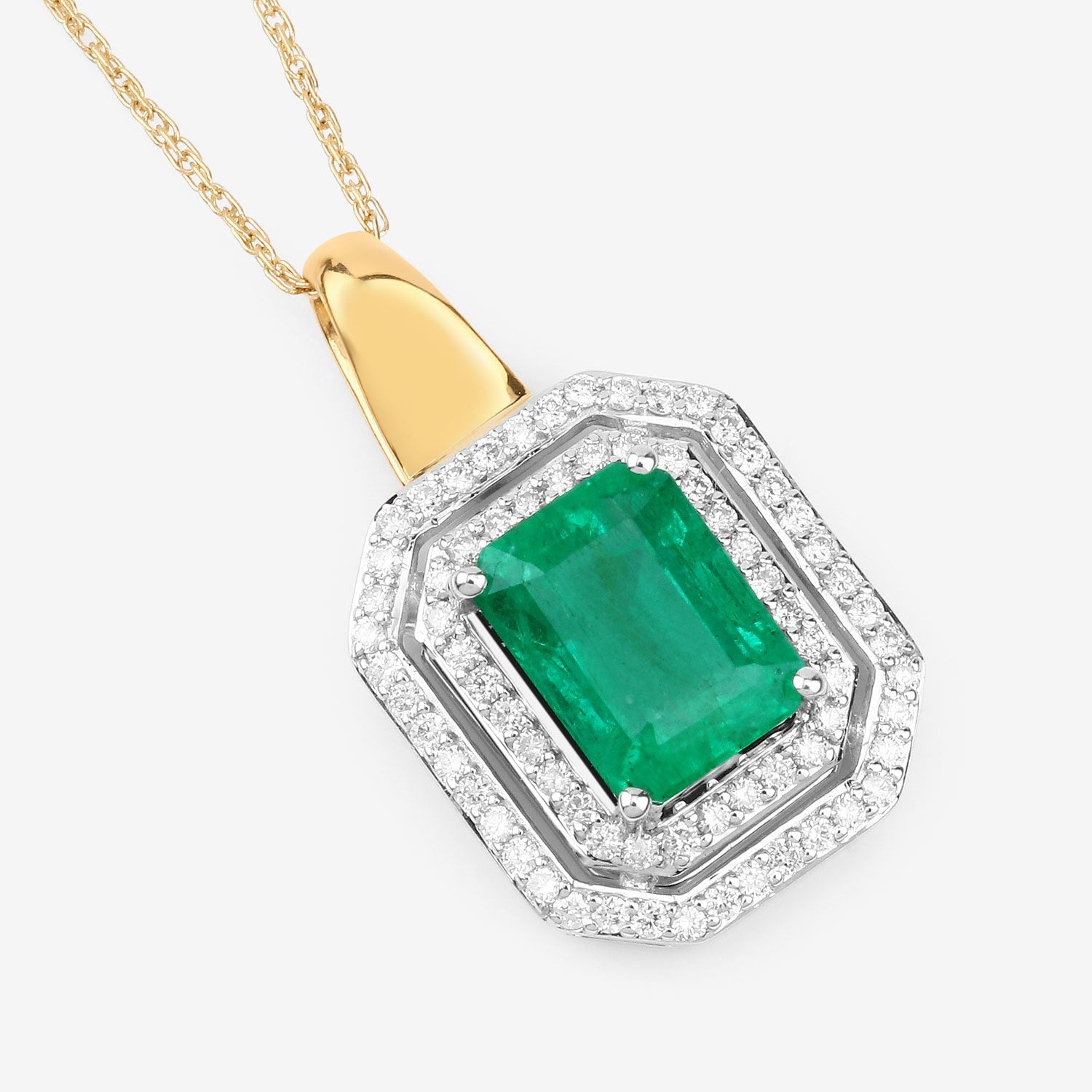 IGI Certified 2.37 Carat Genuine Zambian Emerald and White Diamond 14K Yellow &amp; White Gold Pendant