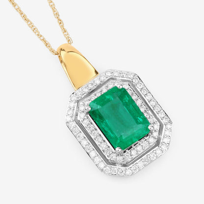 IGI Certified 2.37 Carat Genuine Zambian Emerald and White Diamond 14K Yellow &amp; White Gold Pendant