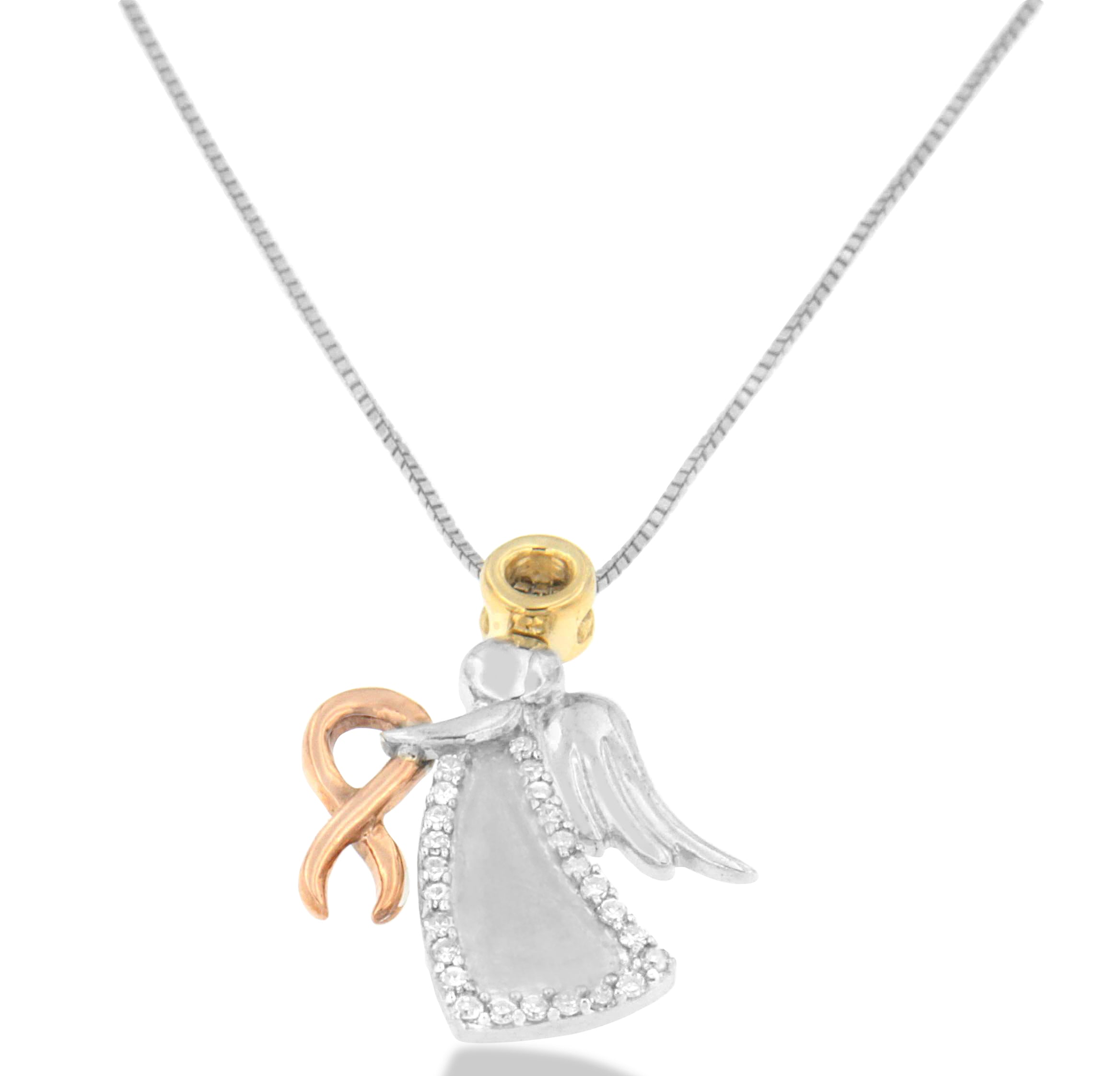 10K Tri-Color Gold Diamond-Accented Angel Awareness Ribbon Pendant Necklace (H-I Color, I1-I2 Clarity) by Bids.com