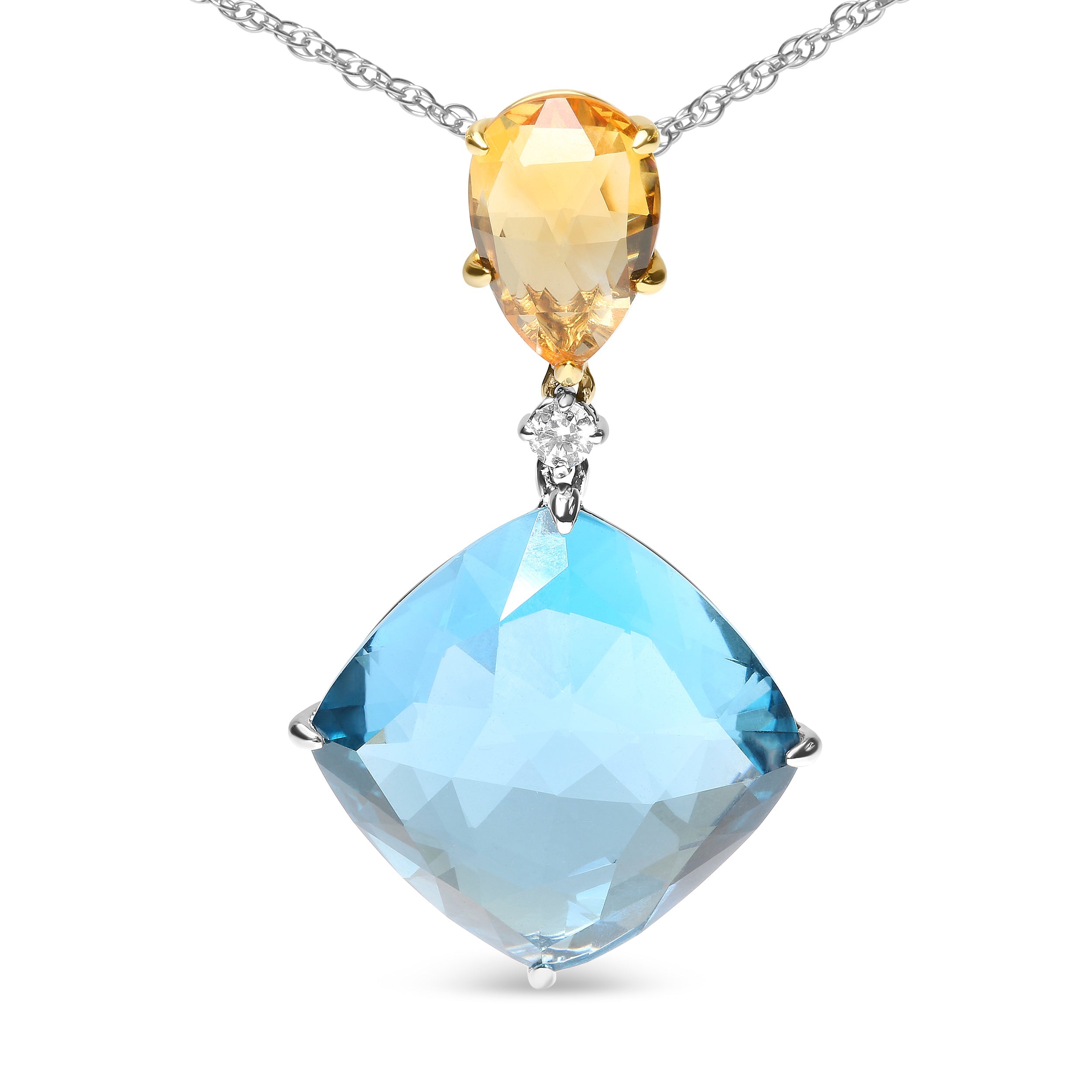 18K White and Yellow Gold Diamond Accent and Yellow Citrine and Sky Blue Topaz Gemstone Dangle Drop 18" Pendant Necklace (G-H Color, SI1-SI2 Clarity) by Bids.com