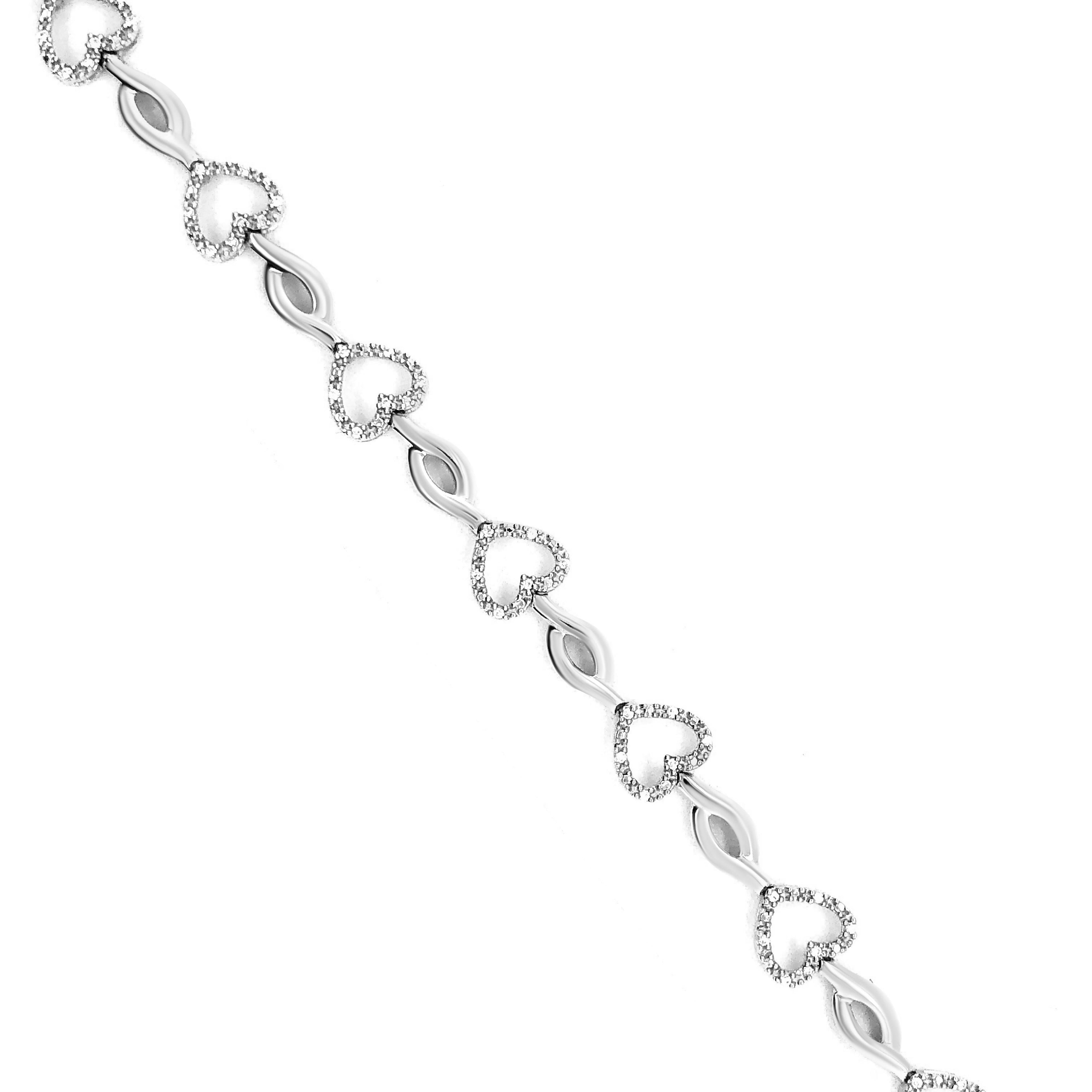 .925 Sterling Silver 1/4 Cttw Round-Cut Diamond Alternating Heart and Leaf Link Bracelet (I-J Color, I3 Clarity) - Size 7.25" by Bids.com
