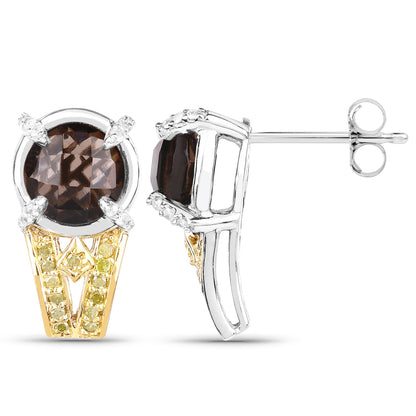 3.75 Carat Genuine Smoky Quartz, Yellow Diamond and White Diamond .925 Sterling Silver Earrings by Bids.com