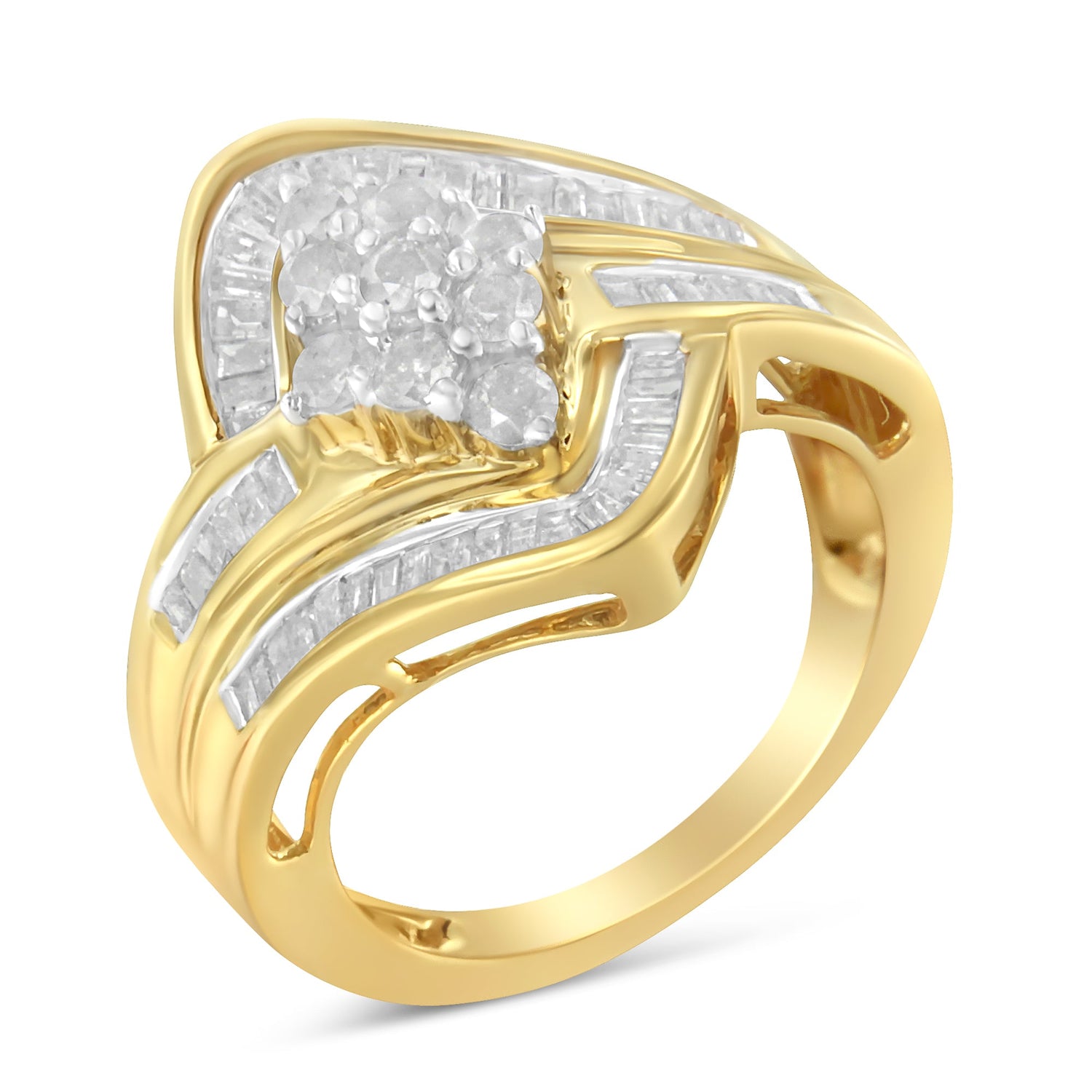 10K Yellow Gold over .925 Sterling Silver Diamond Bypass Cluster Ring (1 Cttw, I-J Color, I2-I3 Clarity) - Size 6 by Bids.com