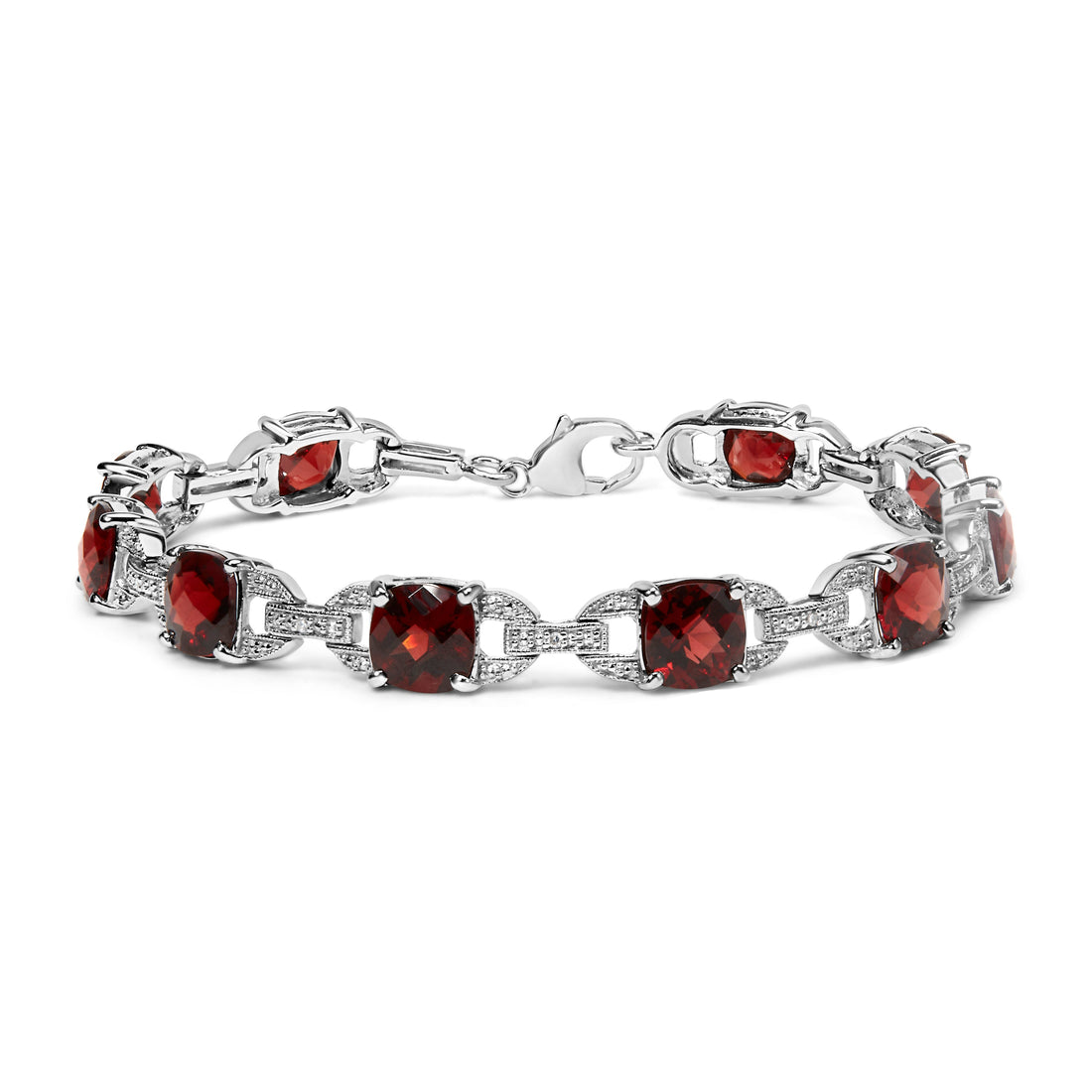 .925 Sterling Silver 7x7mm Checkered Cushion Red Garnet and Diamond Accent Fashion Tennis Link Bracelet (I-J Color, I1-I2 Clarity) - Size 7" Inch by Bids.com