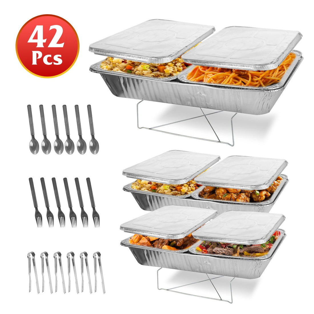42Pcs Disposable Chafing Dish Buffet Set Chafing Servers with Covers Spoons Forks Tongs Full-Size Pans Food Warmers for Parties Events Catering Suppli 