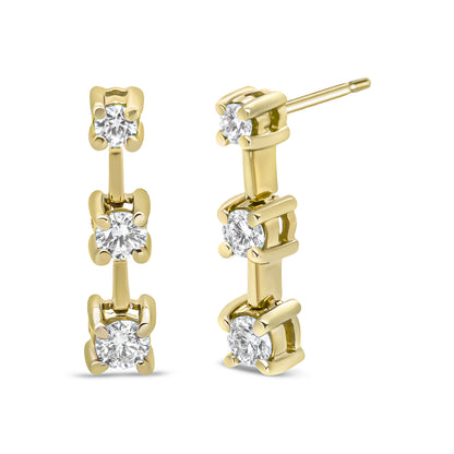14K Yellow Gold 1/2 Cttw Round Diamond 3 Stone Graduated Linear Drop Past, Present and Future Stud Earrings (H-I Color, SI1-SI2 Clarity) by Bids.com