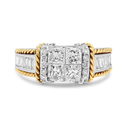 14K White and Yellow Gold 1 1/2 Cttw Invisible Set Princess-Cut Diamond Quad Style Engagement Ring (H-I Color, SI2-I1 Clarity) - Ring Size 7 by Bids.com