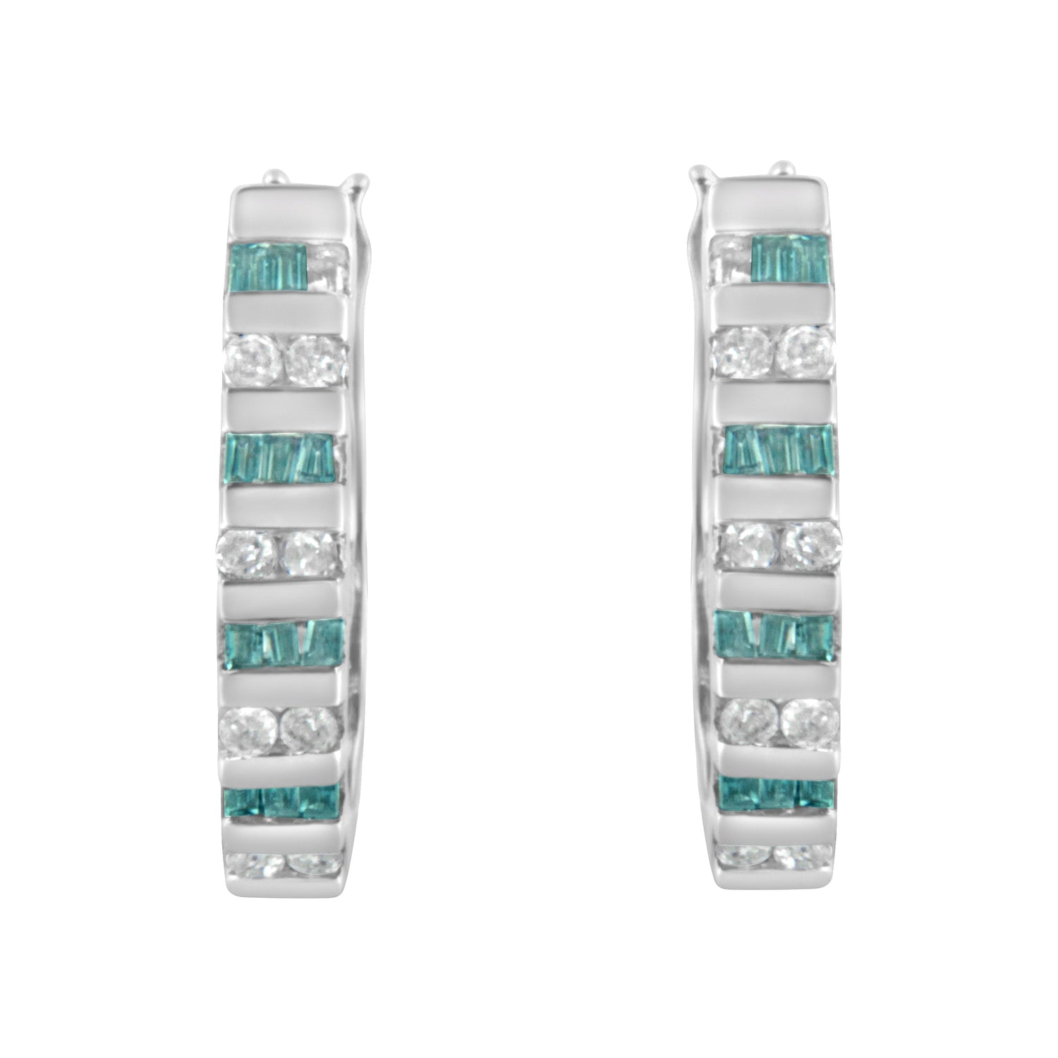 10k White Gold Round and Blue Baguette 1/2 cttw Diamond Hoop Earrings (I-J Color, I2-I3 Clarity) by Bids.com