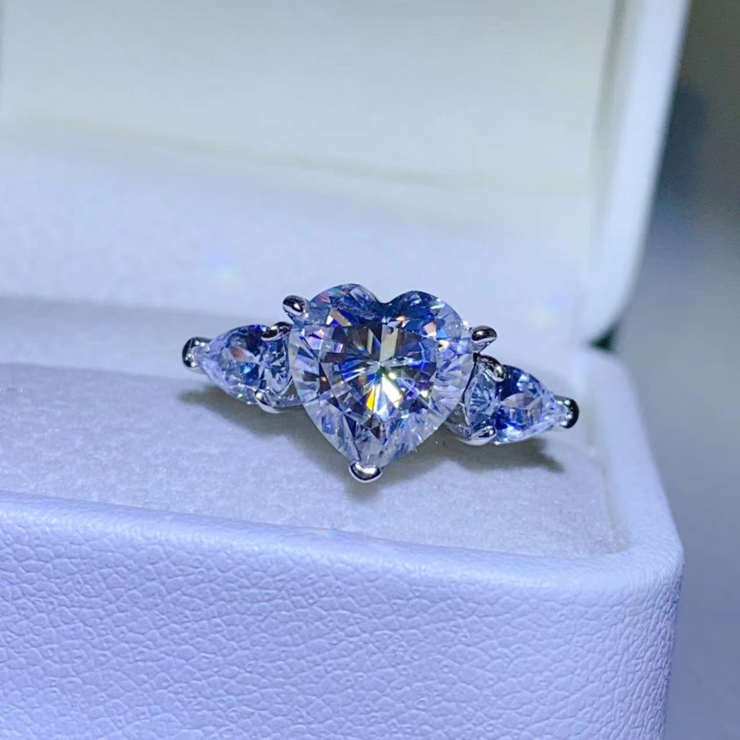 3 Carat Heart-Shaped Sparkala™ Pure Sterling Silver Ring With Sidestones - DestGlow