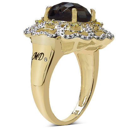 14K Yellow Gold Plated 3.23 Carat Genuine Smoky Quartz, Citrine &amp; White Diamond .925 Sterling Silver Ring by Bids.com