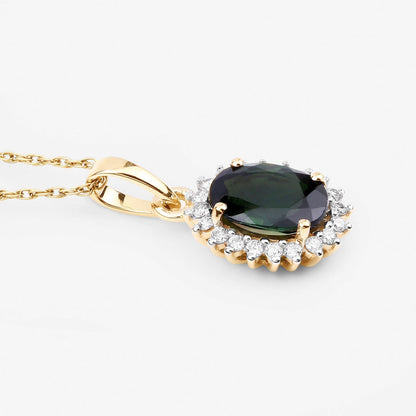 1.39 Carat Genuine Green Tourmaline and White Diamond 14K Yellow Gold Pendant  DestGlow