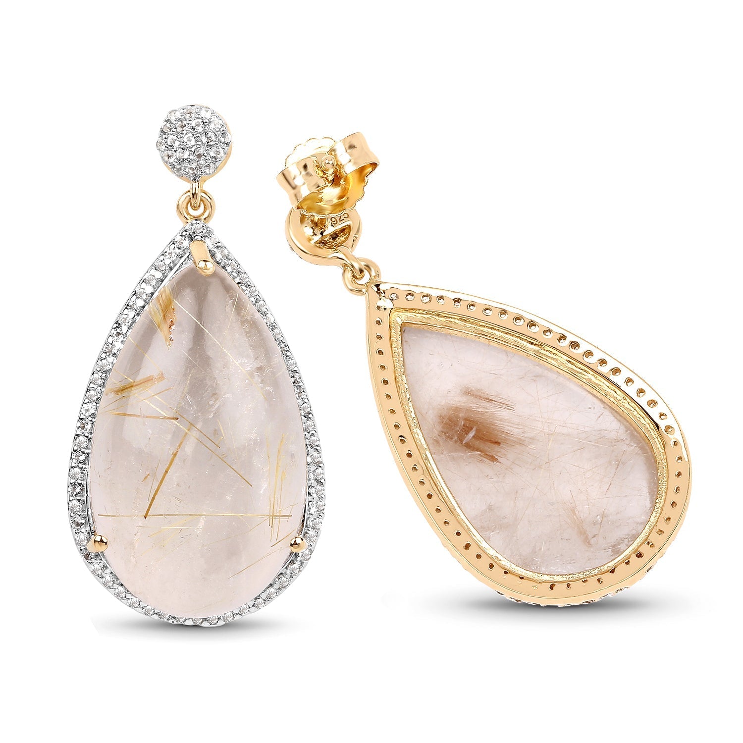 14K Yellow Gold Plated 35.15 Carat Genuine Golden Rutile and White Topaz .925 Sterling Silver Earrings  DestGlow