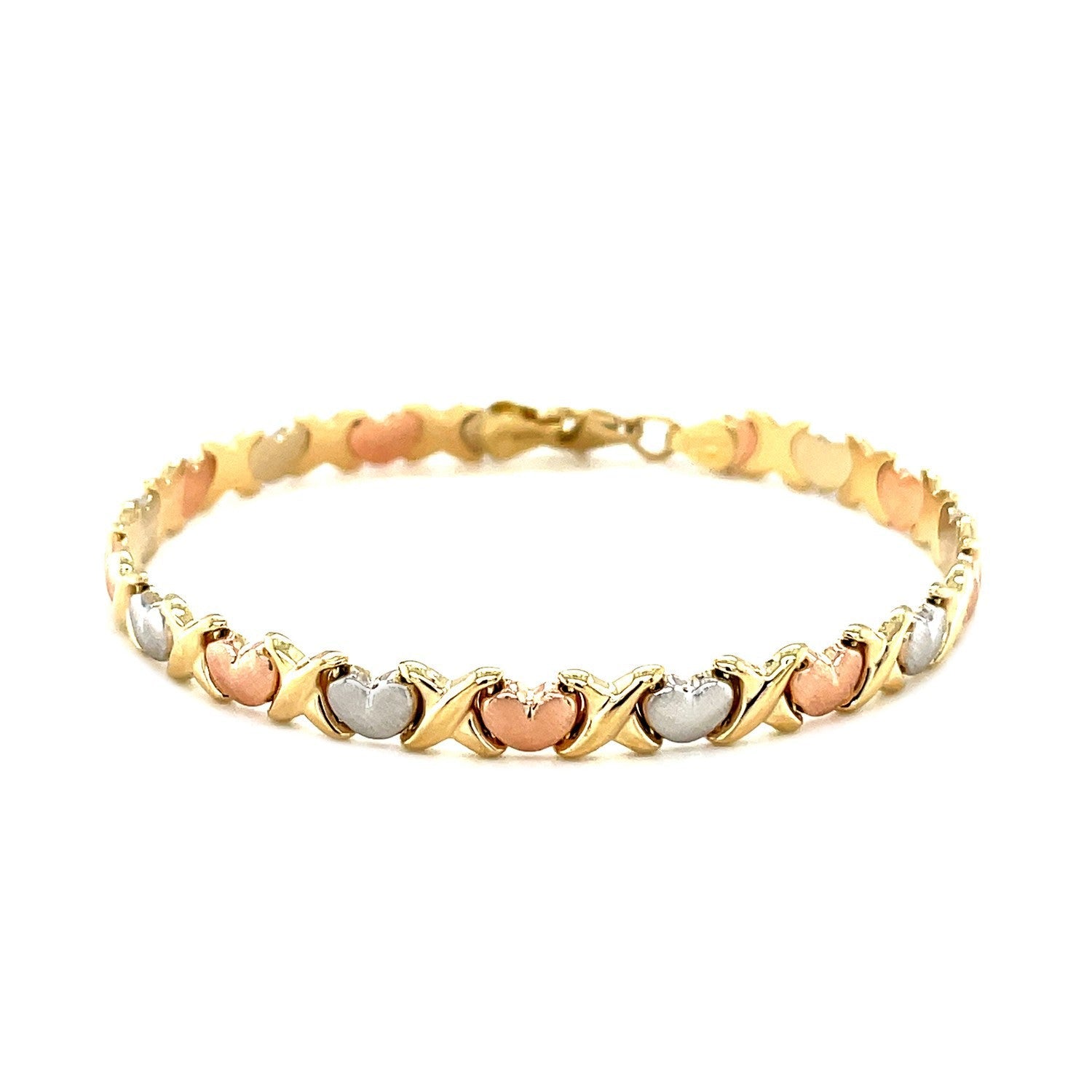 14k Tri-Color Gold Fancy Satin Heart Line Bracelet by Bids.com