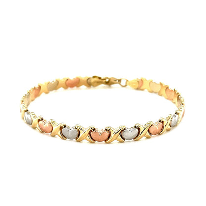 14k Tri-Color Gold Fancy Satin Heart Line Bracelet by Bids.com
